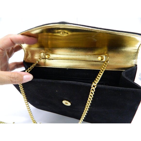 Vtg Costablanca Black Suede Envelope Clutch Gold Chain Strap Tiger Stripe Button - Picture 7 of 14